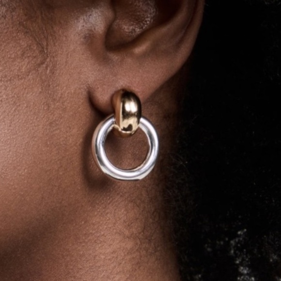 House Of Harlow 1960 Two Tone Gold Silver Tone Puffy Door Knocker Earrings - Picture 2 of 7